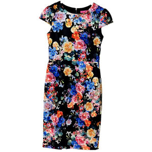 Betsey Johnson Floral Dress Women's Cap Sleeve Sheath Stretch Lined Size 6